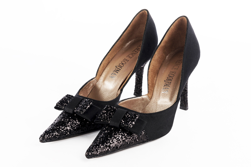 Gloss black women's open arch dress pumps. Pointed toe. Very high slim heel. Front view - Florence KOOIJMAN
